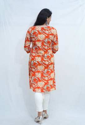 Women's pure cotton hand block floral printed orange kurta 4
