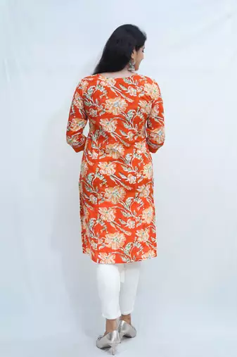 Women's pure cotton hand block floral printed orange kurta