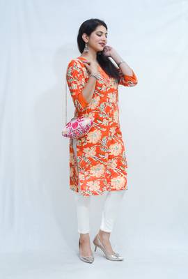 Women's pure cotton hand block floral printed orange kurta 5