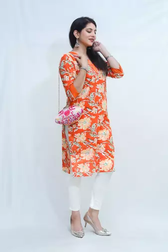 Women's pure cotton hand block floral printed orange kurta
