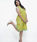 Women's pure cotton printed yellow fusion kurta/dress