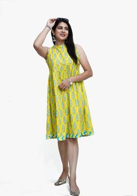 Women's pure cotton printed yellow fusion kurta/dress 2