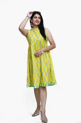 Women's pure cotton printed yellow fusion kurta/dress
