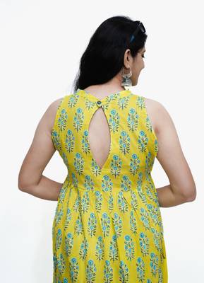 Women's pure cotton printed yellow fusion kurta/dress 3