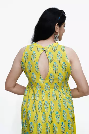 Women's pure cotton printed yellow fusion kurta/dress