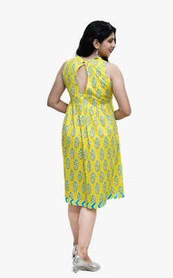 Women's pure cotton printed yellow fusion kurta/dress 4