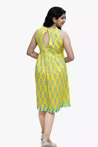 Women's pure cotton printed yellow fusion kurta/dress