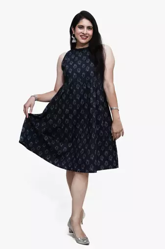 Women's pure cotton printed black fusion kurta/dress