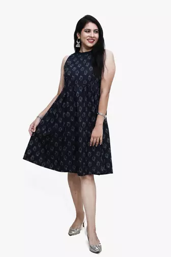 Women's pure cotton printed black fusion kurta/dress