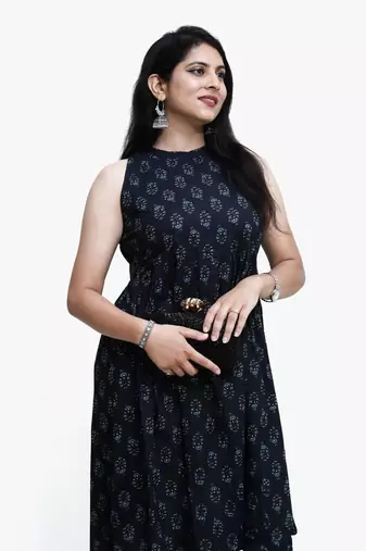 Women's pure cotton printed black fusion kurta/dress