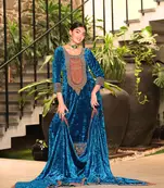 Blue Designer Velvet Pakistani Unstich Suit Set