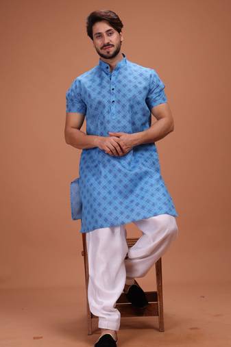 Blue Cotton Half Sleeves Pathani Set For Mens