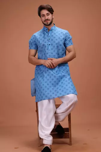 Blue Cotton Half Sleeves Pathani Set For Mens