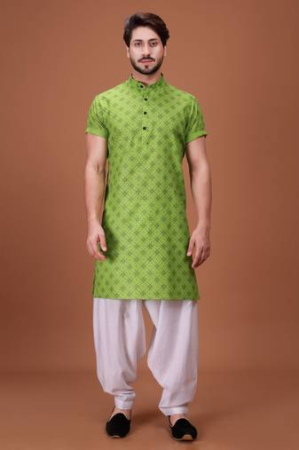Green Cotton Half Sleeves Pathani Set For Mens