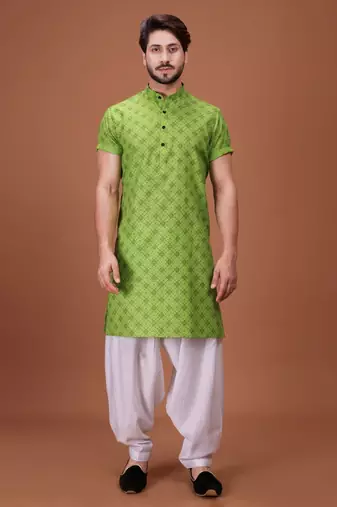 Green Cotton Half Sleeves Pathani Set For Mens