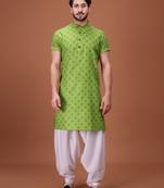 Green Cotton Half Sleeves Pathani Set For Mens