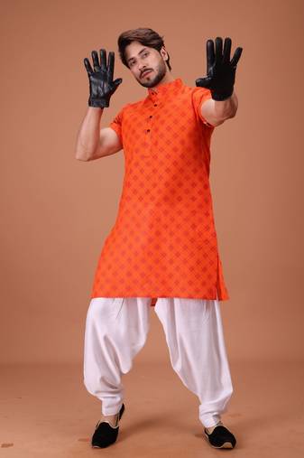 Orange Cotton Half Sleeves Pathani Set For Mens