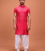 Pink Cotton Half Sleeves Pathani Set For Mens