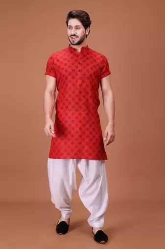 Red Cotton Half Sleeves Pathani Set For Mens
