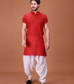Red Cotton Half Sleeves Pathani Set For Mens