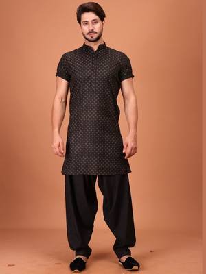 Black Cotton Half Sleeves Pathani Set For Mens 1