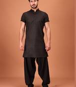 Black Cotton Half Sleeves Pathani Set For Mens