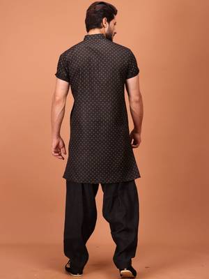 Black Cotton Half Sleeves Pathani Set For Mens 2