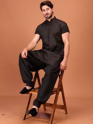 Black Cotton Half Sleeves Pathani Set For Mens 3