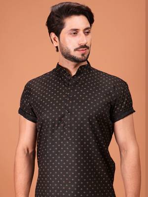 Black Cotton Half Sleeves Pathani Set For Mens 4