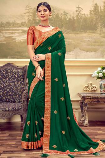 Green embroidery & sequins work art silk saree with blouse