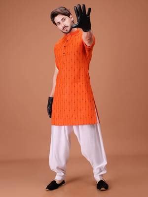 Orange Cotton Half Sleeves Pathani Set For Mens 1