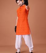 Orange Cotton Half Sleeves Pathani Set For Mens