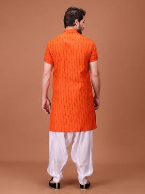 Orange Cotton Half Sleeves Pathani Set For Mens 2