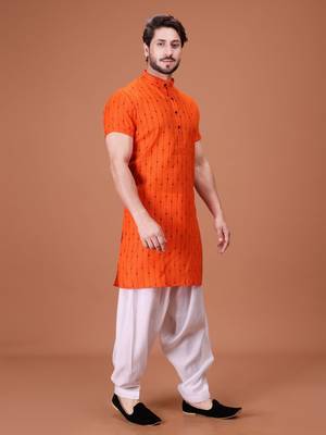Orange Cotton Half Sleeves Pathani Set For Mens 3