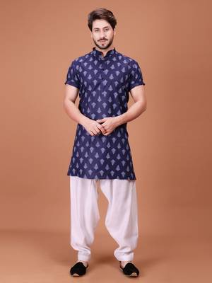 Blue Cotton Half Sleeves Pathani Set For Mens 1