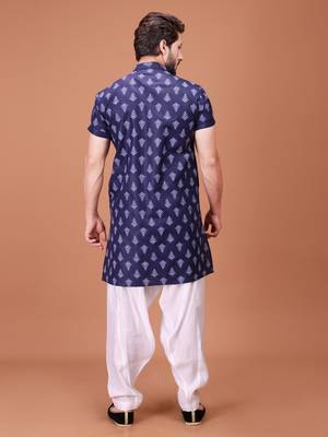 Blue Cotton Half Sleeves Pathani Set For Mens 2