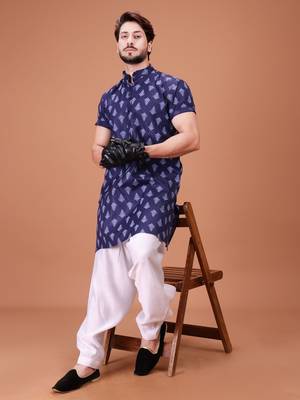 Blue Cotton Half Sleeves Pathani Set For Mens 3