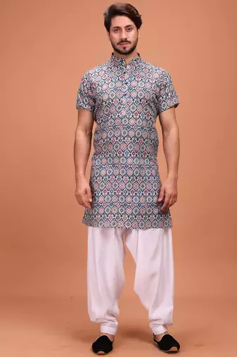 Grey Cotton Half Sleeves Pathani Set For Mens