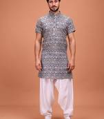 Grey Cotton Half Sleeves Pathani Set For Mens