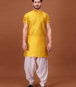 Yellow Silk Half Sleeves Pathani Set For Mens