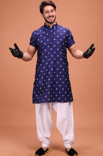 Purple Silk Half Sleeves Pathani Set For Mens
