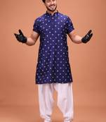 Purple Silk Half Sleeves Pathani Set For Mens