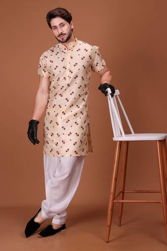 Beige Silk Half Sleeves Pathani Set For Mens