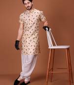 Beige Silk Half Sleeves Pathani Set For Mens