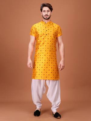 Yellow Silk Half Sleeves Pathani Set For Mens 1