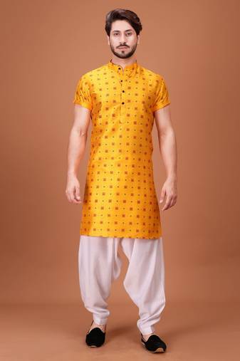 Yellow Silk Half Sleeves Pathani Set For Mens