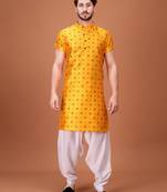 Yellow Silk Half Sleeves Pathani Set For Mens