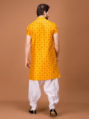 Yellow Silk Half Sleeves Pathani Set For Mens 2