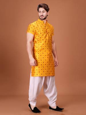 Yellow Silk Half Sleeves Pathani Set For Mens 3