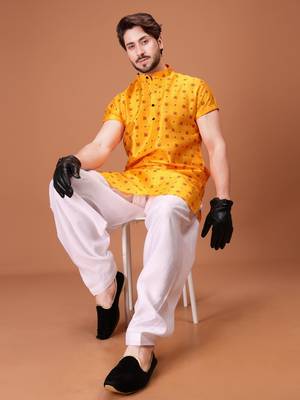 Yellow Silk Half Sleeves Pathani Set For Mens 4
